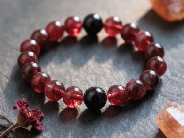 Fortress No. 08 — Blood Moon Primary Narrative Fortress No. 08: Blood Moon hand-knotted bracelet featuring Xinjiang Garnet and Tibet Obsidian.