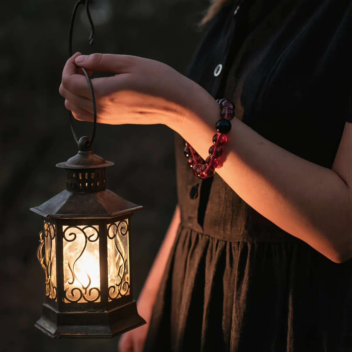 Fortress No. 08 — Lifestyle Observational Poise Fortress No. 08: Blood Moon bracelet worn by a model holding an ancient lantern in the dark.