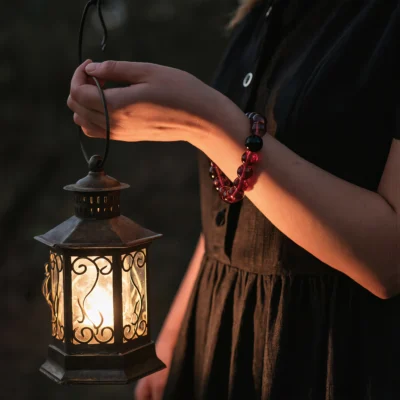Fortress No. 08 — Lifestyle Observational Poise Fortress No. 08: Blood Moon bracelet worn by a model holding an ancient lantern in the dark.