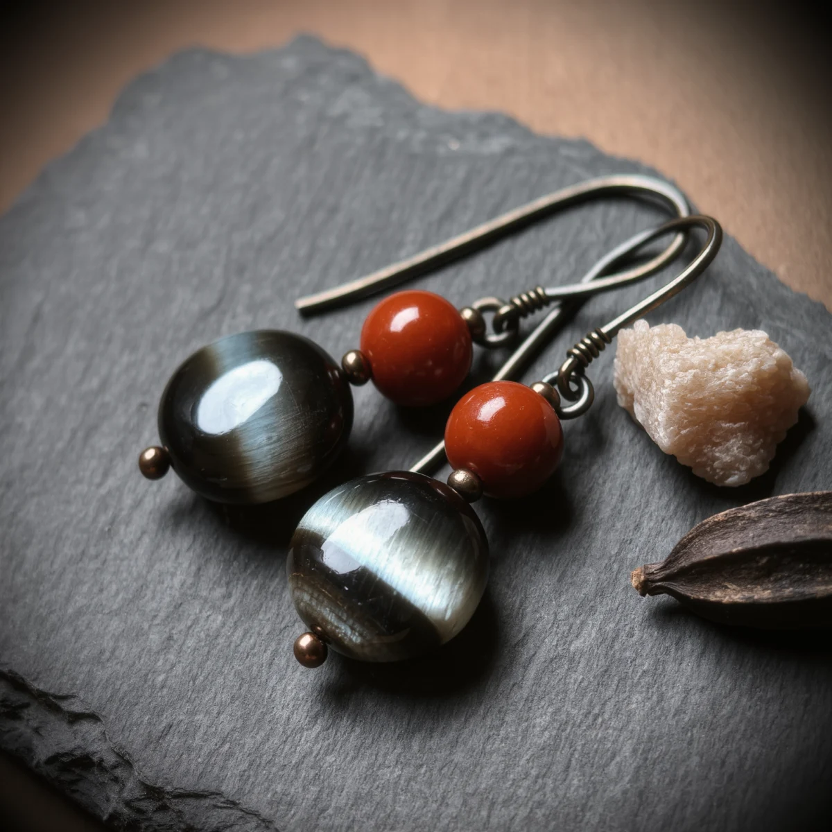 Fortress No. 10 — Ancient Shield Primary Narrative Fortress No. 10: Ancient Shield hand-knotted earrings featuring Henan Black Tiger Eye and Guizhou Cinnabar.