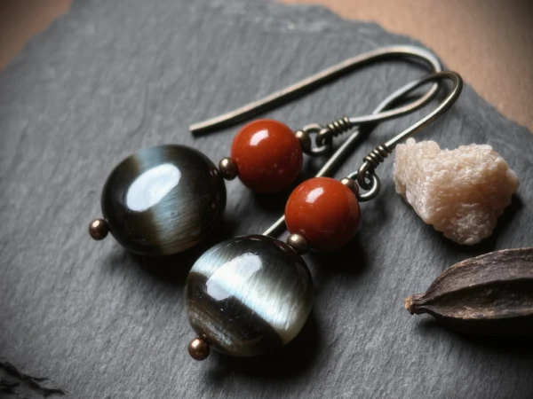 Fortress No. 10 — Ancient Shield Primary Narrative Fortress No. 10: Ancient Shield hand-knotted earrings featuring Henan Black Tiger Eye and Guizhou Cinnabar.