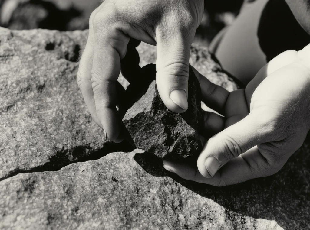 About Us 18 Handcrafted Jewelry by Yuano: Hands excavating a raw stone fragment from a larger rock.