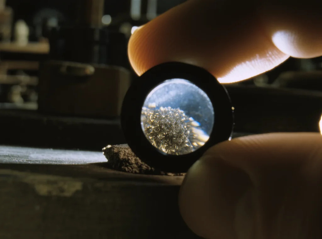 About Us 19 Handcrafted Jewelry by Yuano: A magnified view of golden crystalline structures.