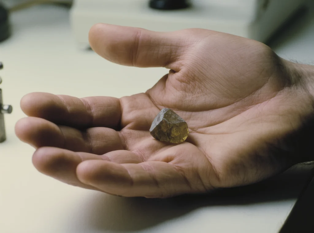 About Us 23 Handcrafted Jewelry by Yuano: A raw mineral fragment being inspected for terrestrial integrity.