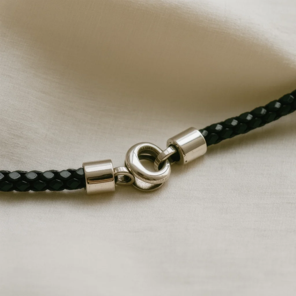 About Us 9 Handcrafted Jewelry by Yuano: Hypoallergenic S925 sterling silver clasp detail.