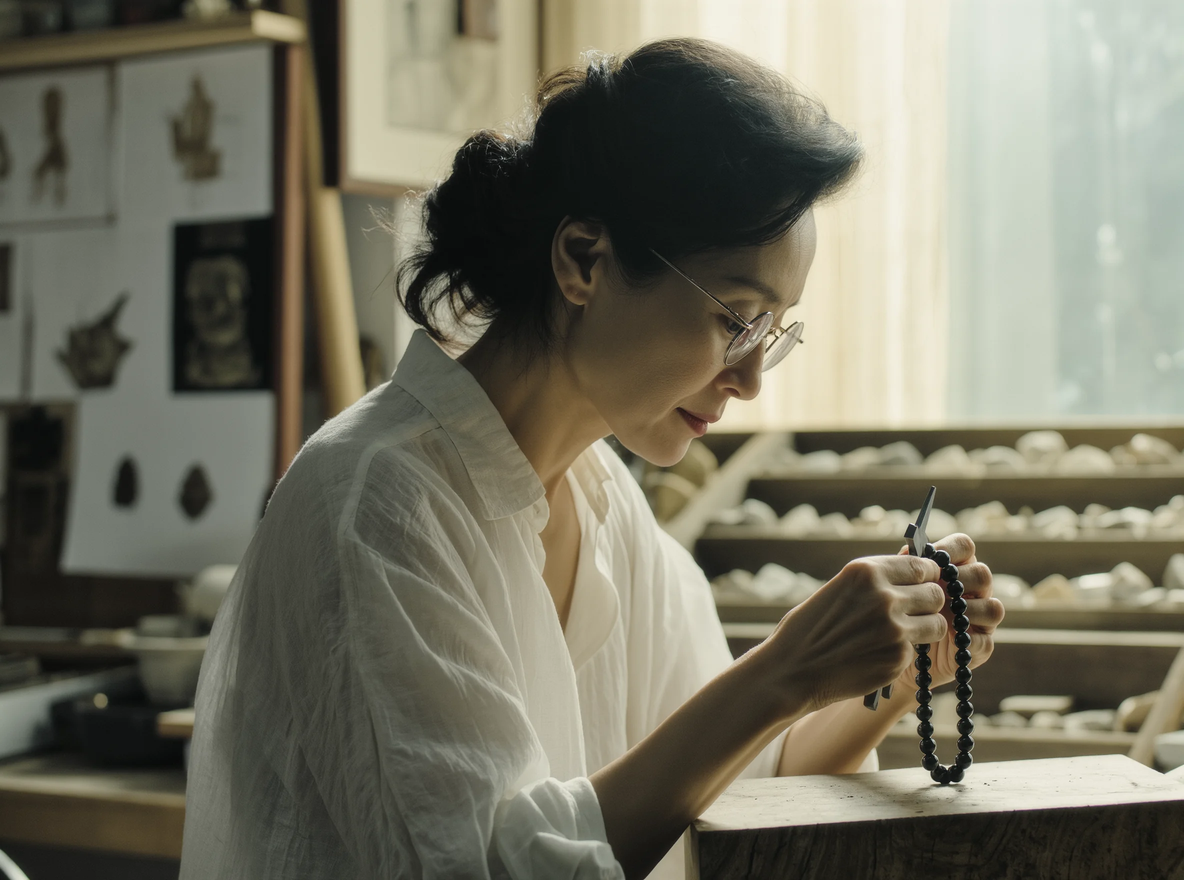Home 6 Sovereign Stillness Jewelry by Yuano: Lead artisan carefully observing and crafting an obsidian relic in a monastic-inspired studio.