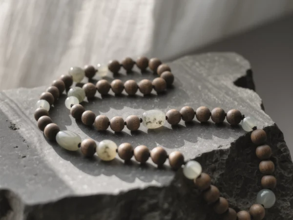Origin No. 01 — The Relic of Ancient Soil Product Image Origin No. 01: Hand-knotted necklace featuring Xinjiang Nephrite Jade and Hainan Sandalwood by Yuano.