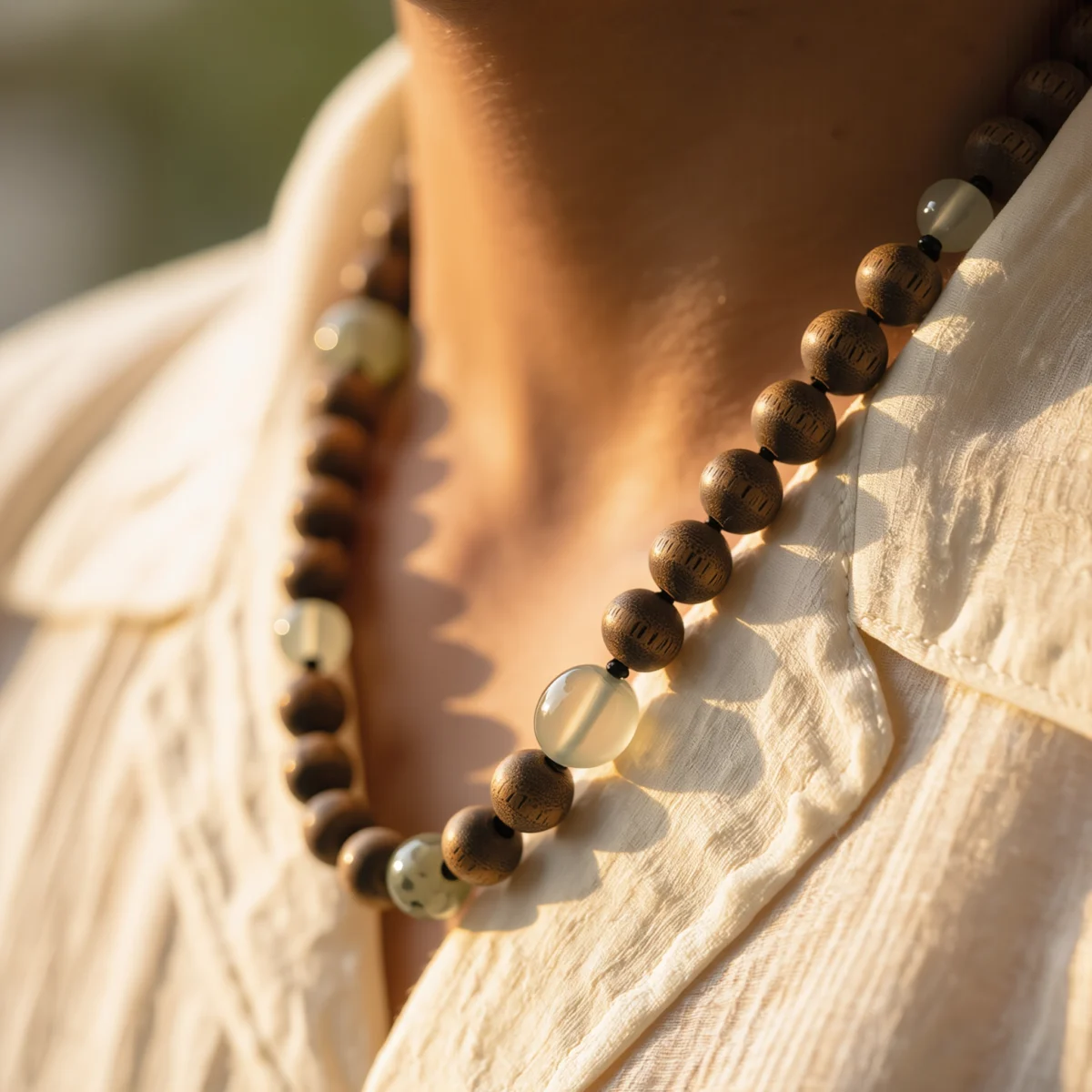 Origin No. 01 — Lifestyle and Wearing Perspective Origin No. 01 worn by a model, demonstrating the scale and spiritual presence of the Nephrite Jade necklace.