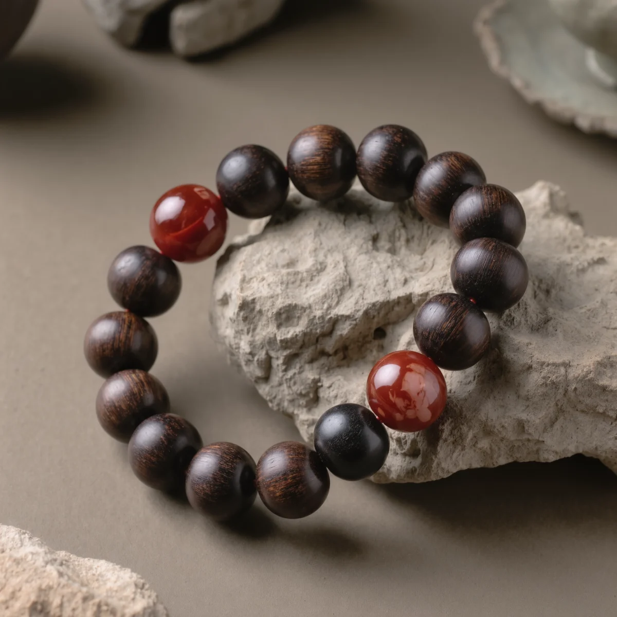 Origin No. 02 — The Tree of Life Product Image Origin No. 02: Hand-knotted Tree of Life bracelet featuring Sichuan Nanhong Agate and Sandalwood.