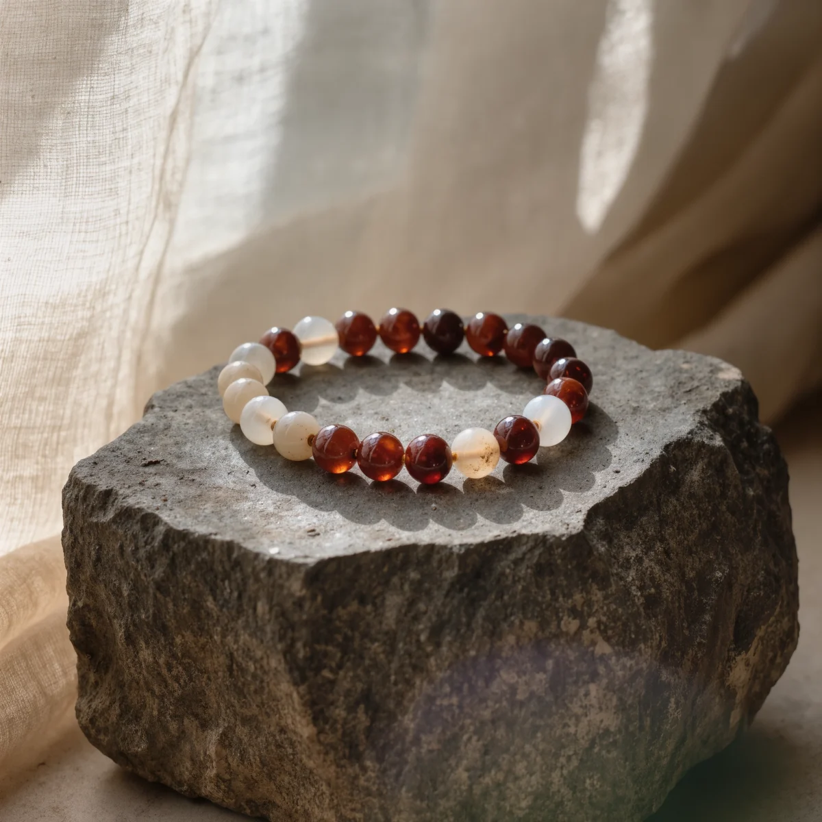 Origin No. 03 — Earth's Pulse Main Product Image Origin No. 03: Hand-knotted Earth's Pulse bracelet featuring Sichuan Nanhong and Anhui White Agate.
