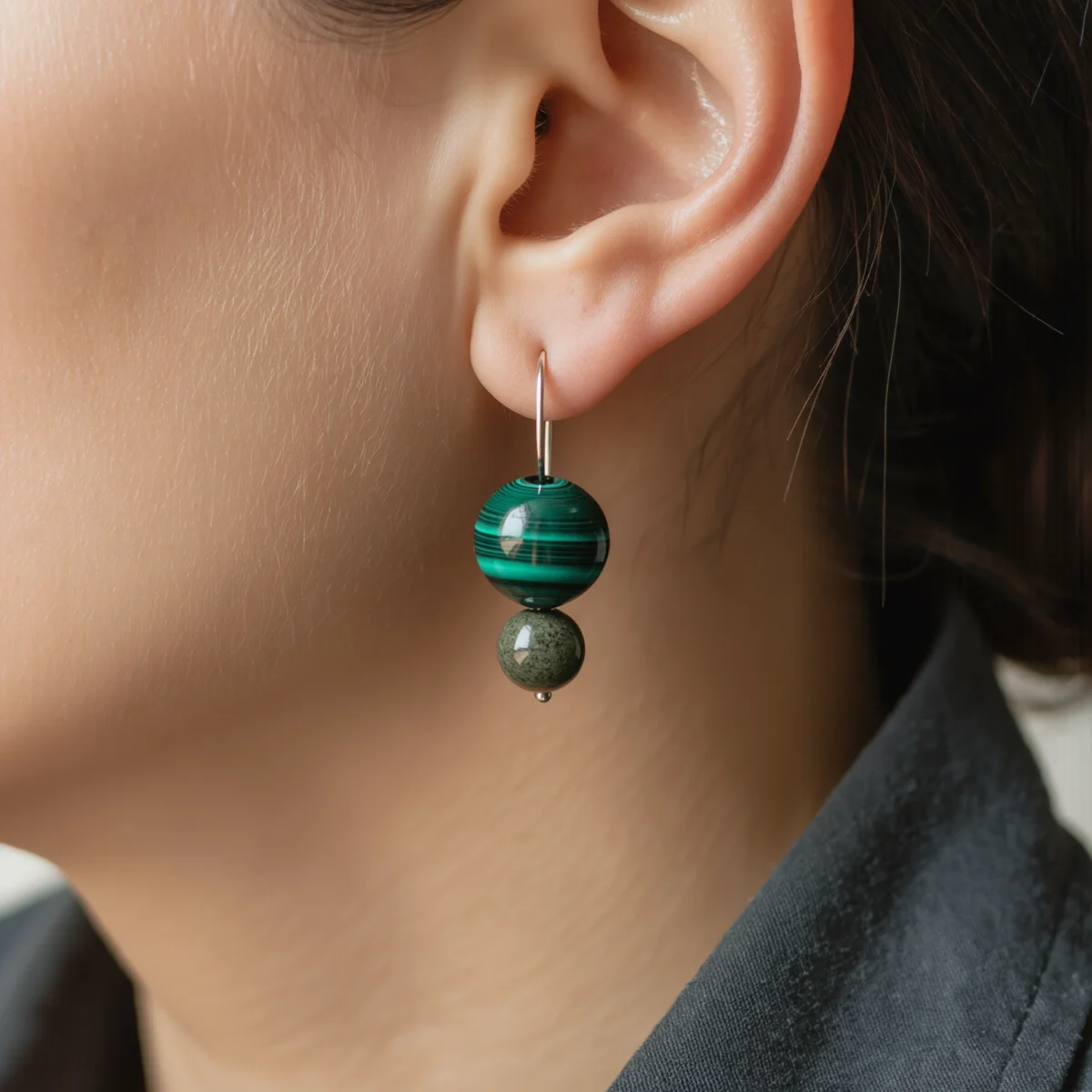 Origin No. 04 — Lifestyle Wearing Perspective Origin No. 04: Valley Whisper earrings worn by a model, demonstrating the natural drape and cinematic light of the malachite beads.
