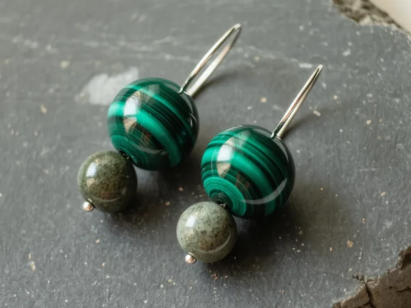 Origin No. 04 — Valley Whisper Main Perspective Origin No. 04: Valley Whisper hand-knotted earrings featuring Anhui Malachite and Zhejiang Qingtian Stone on a bone-white background.