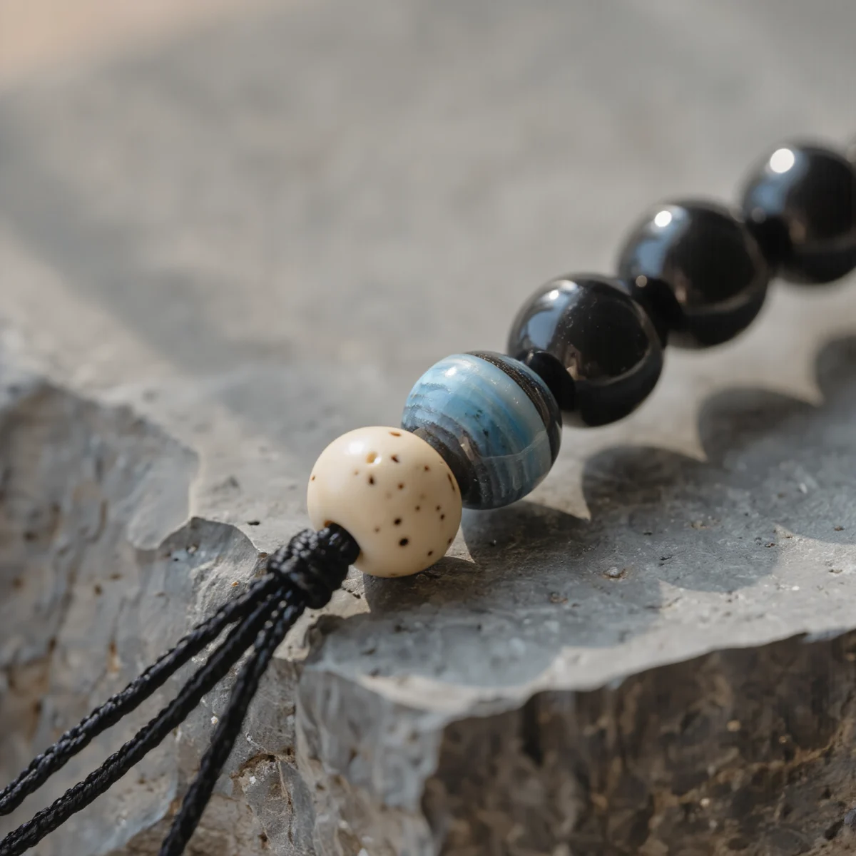 Origin No. 05 — Macro Material Witness Origin No. 05 macro detail highlighting the waxy texture of Hainan Bodhi Root and the deep golden flash of Black Tiger Eye.