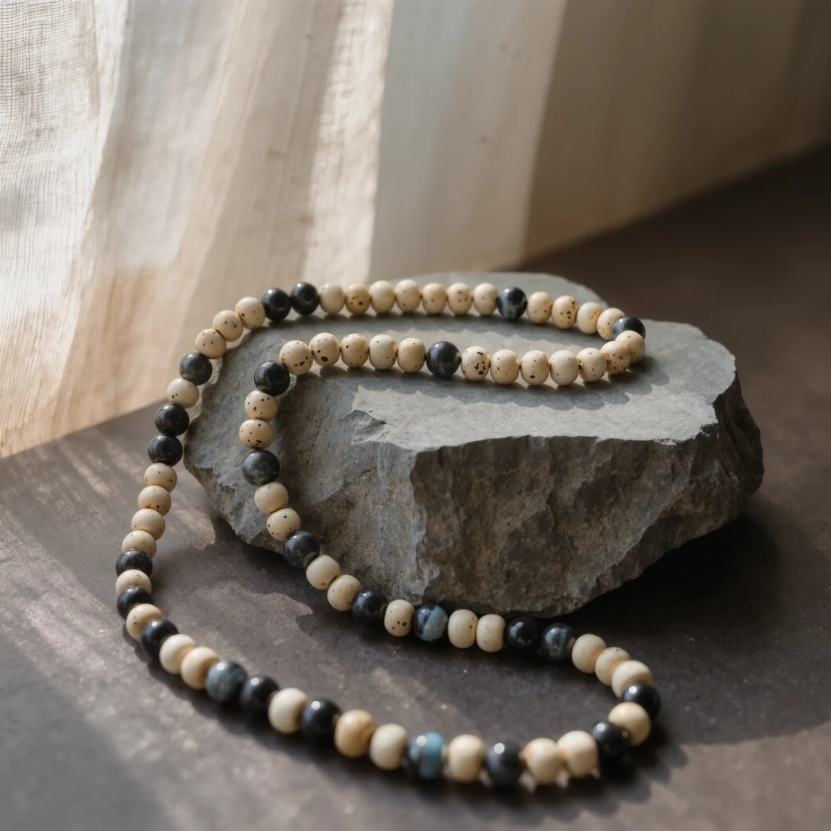Origin No. 05 — Steady Breath Main Perspective Origin No. 05: Steady Breath hand-knotted necklace featuring Hainan Bodhi Root and Black Tiger Eye beads on a bone-white background.