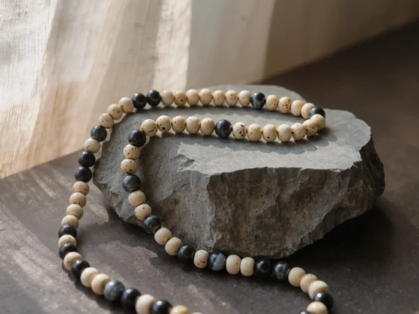 Origin No. 05 — Steady Breath Main Perspective Origin No. 05: Steady Breath hand-knotted necklace featuring Hainan Bodhi Root and Black Tiger Eye beads on a bone-white background.