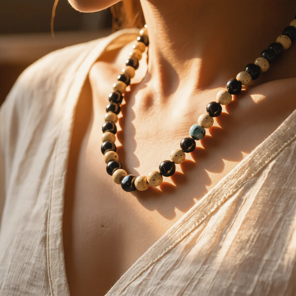 Origin No. 05 — Lifestyle Wearing View Origin No. 05: Steady Breath necklace worn by a model, demonstrating the natural drape and elegant spiritual presence.