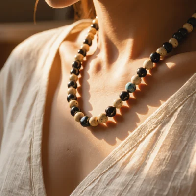 Origin No. 05 — Lifestyle Wearing View Origin No. 05: Steady Breath necklace worn by a model, demonstrating the natural drape and elegant spiritual presence.