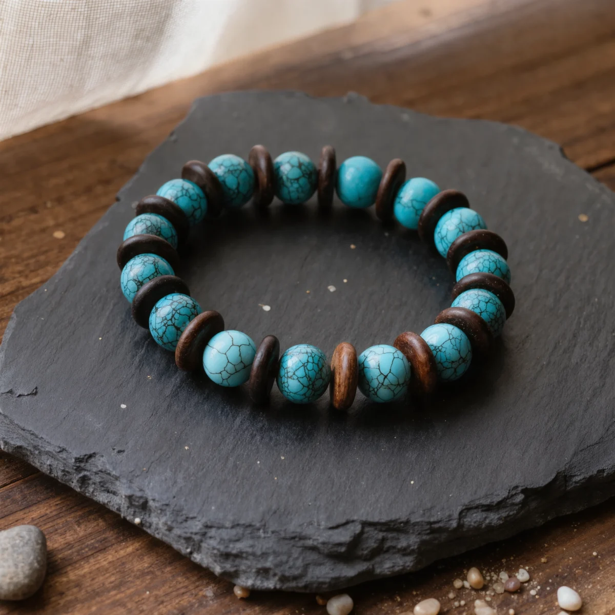 Origin No. 06 — Ancestral Song Main Perspective Origin No. 06: Ancestral Song hand-knotted bracelet featuring sky-blue Hubei Turquoise and Aged Hainan Sandalwood on a dark slate.