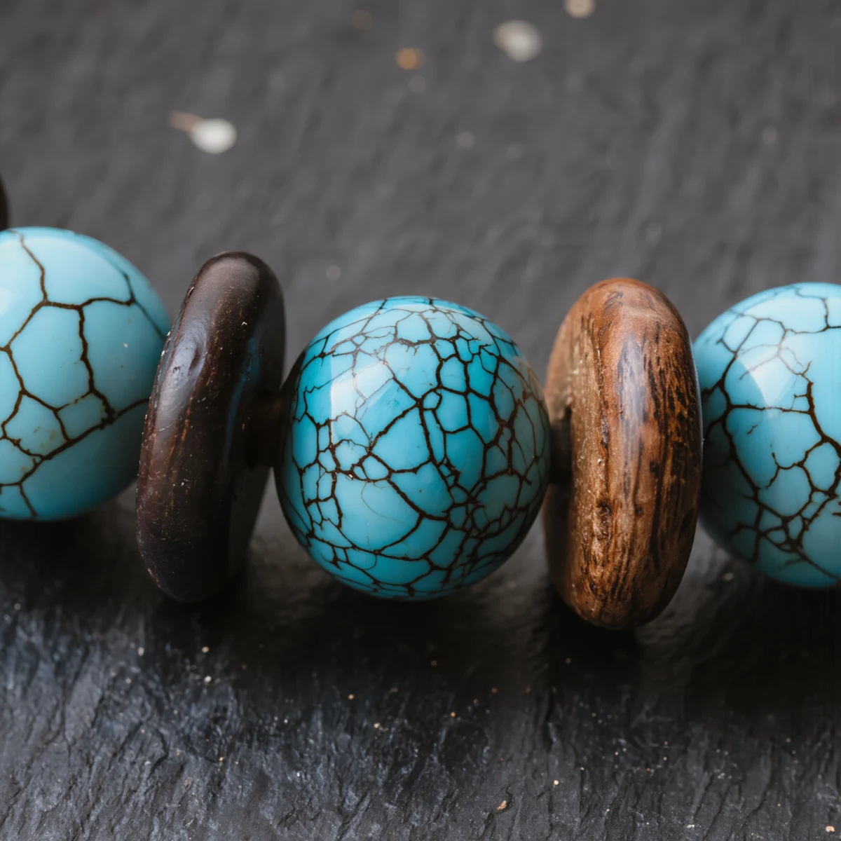 Origin No. 06 — Macro Material Testimony Origin No. 06 macro detail highlighting the natural black matrix of Hubei Turquoise and the rich, waxy luster of Hainan Sandalwood.