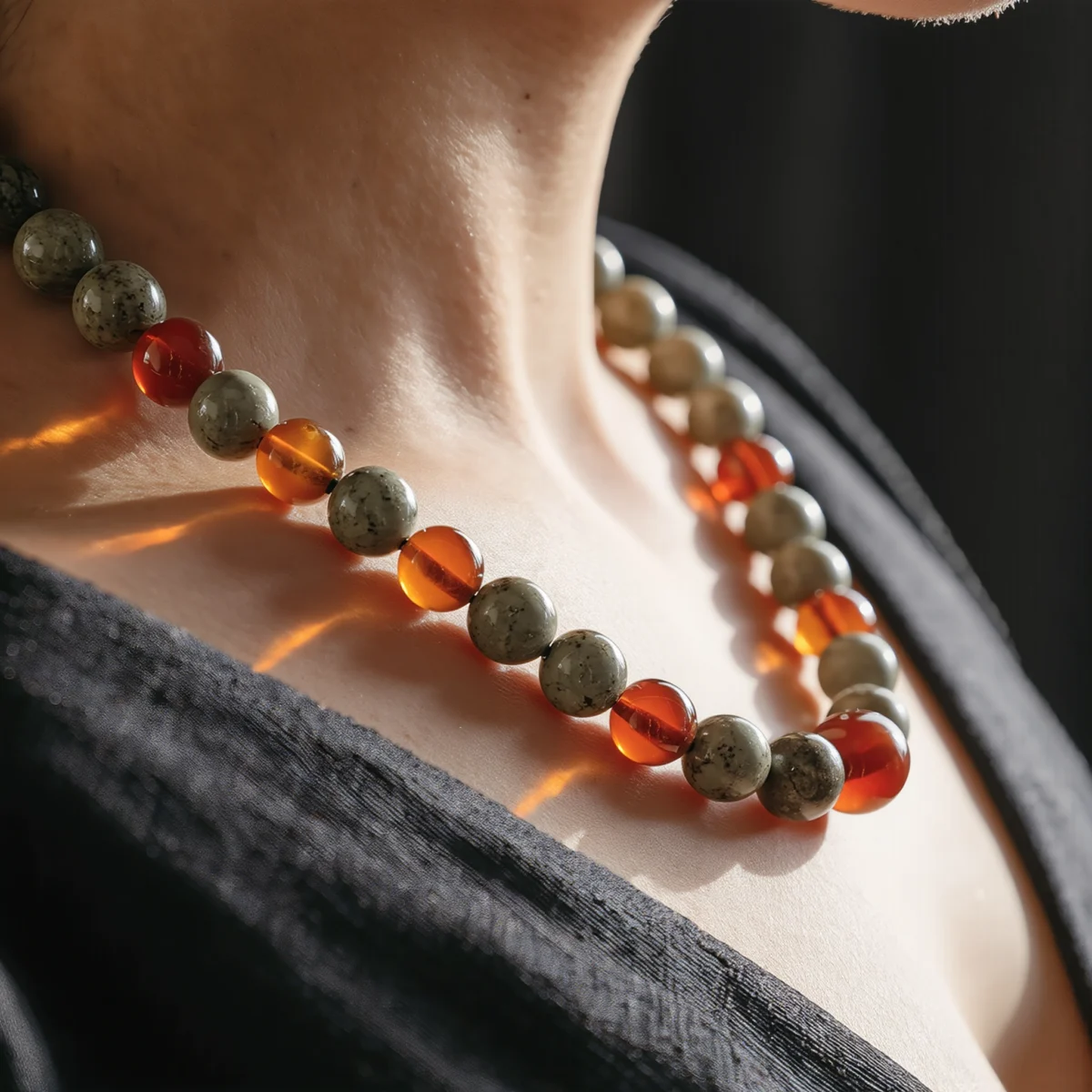 Origin No. 07 — Lifestyle Wearing View Origin No. 07: Stone Ritual necklace worn by a model, demonstrating the natural drape and spiritual presence against natural light.
