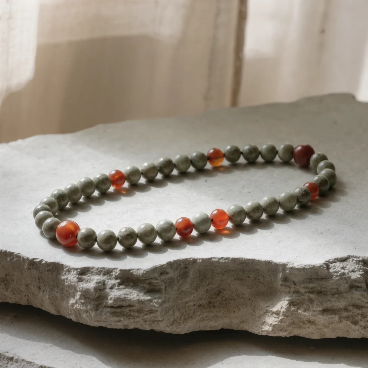 Origin No. 07 — Stone Ritual Main Perspective Origin No. 07: Stone Ritual hand-knotted necklace featuring Zhejiang Qingtian Stone and Sichuan Nanhong Agate on a natural stone slab.