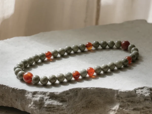 Origin No. 07 — Stone Ritual Main Perspective Origin No. 07: Stone Ritual hand-knotted necklace featuring Zhejiang Qingtian Stone and Sichuan Nanhong Agate on a natural stone slab.