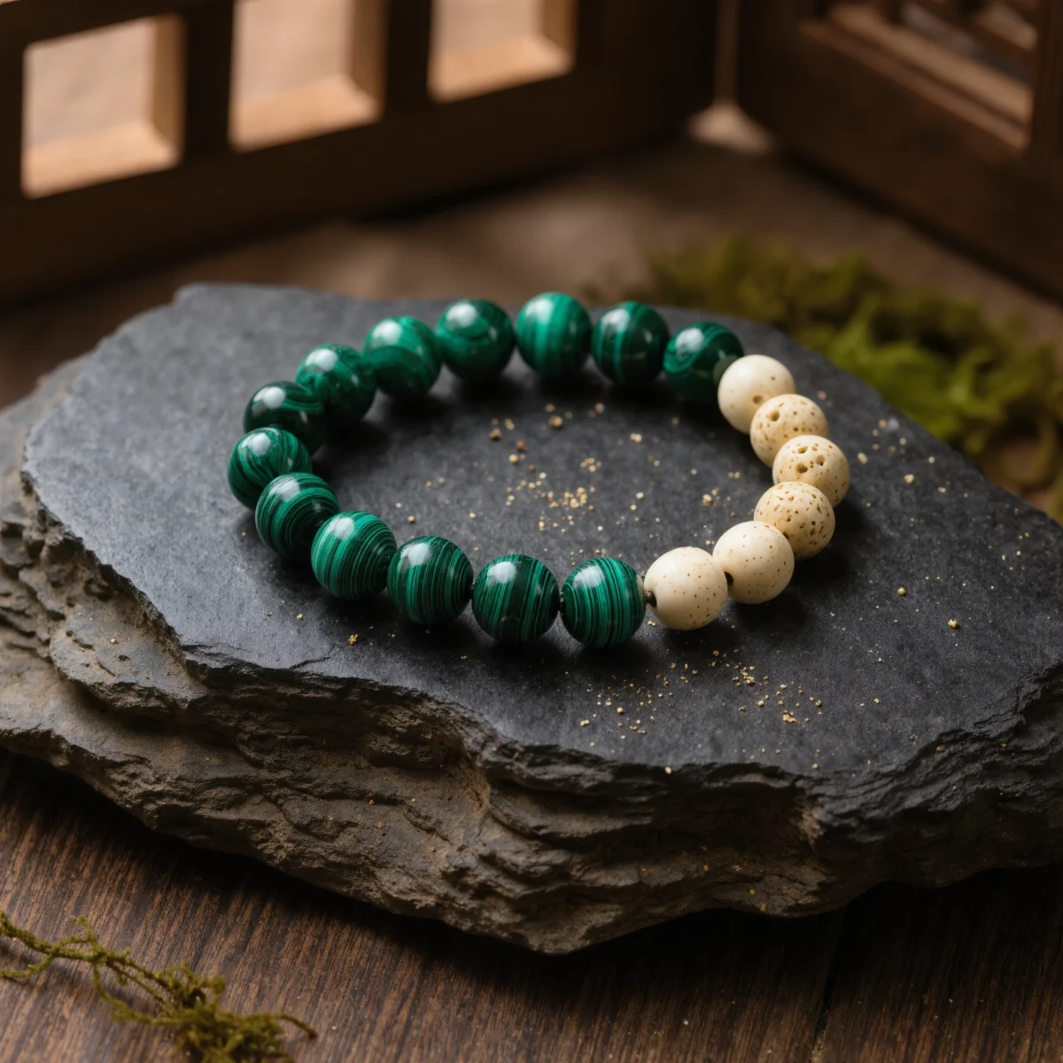 Origin No. 08 — Sacred Forest Main Perspective Origin No. 08: Sacred Forest hand-knotted bracelet featuring Anhui Malachite and Hainan Bodhi Root on a dark slate.