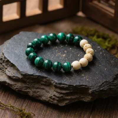 Origin No. 08 — Sacred Forest Main Perspective Origin No. 08: Sacred Forest hand-knotted bracelet featuring Anhui Malachite and Hainan Bodhi Root on a dark slate.