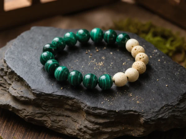 Origin No. 08 — Sacred Forest Main Perspective Origin No. 08: Sacred Forest hand-knotted bracelet featuring Anhui Malachite and Hainan Bodhi Root on a dark slate.