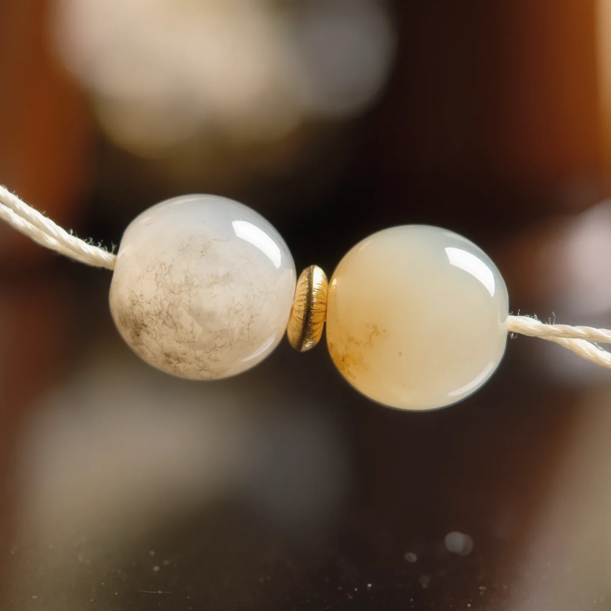 Origin No. 09 — Macro Material Witness Origin No. 09 macro detail revealing the creamy oily luster of Xinjiang Nephrite Jade and the precise craft of the gold bead divider.