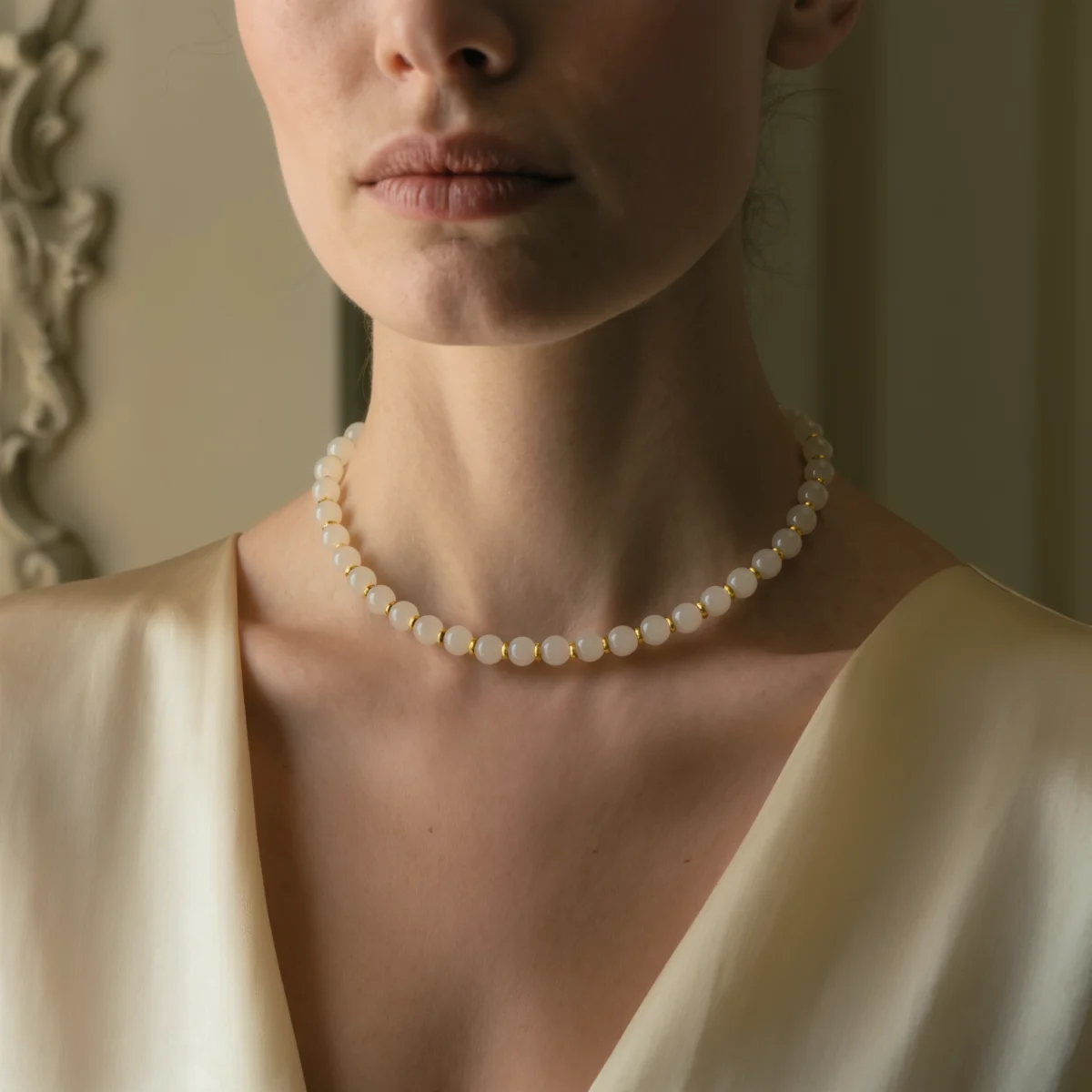 Origin No. 09 — Lifestyle Wearing Perspective Origin No. 09: Silent Root necklace worn by a model, demonstrating the elegant drape and purity against a silk champagne garment.