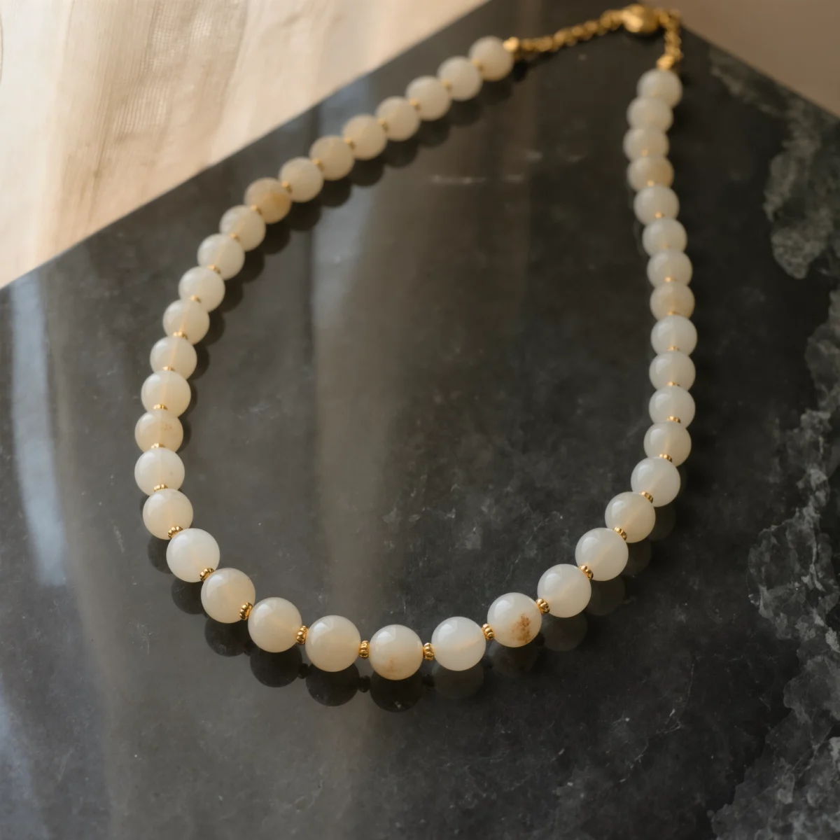 Origin No. 09 — Silent Root Main Perspective Origin No. 09: Silent Root hand-knotted necklace featuring Xinjiang Nephrite Jade and gold beads on a dark marble surface.