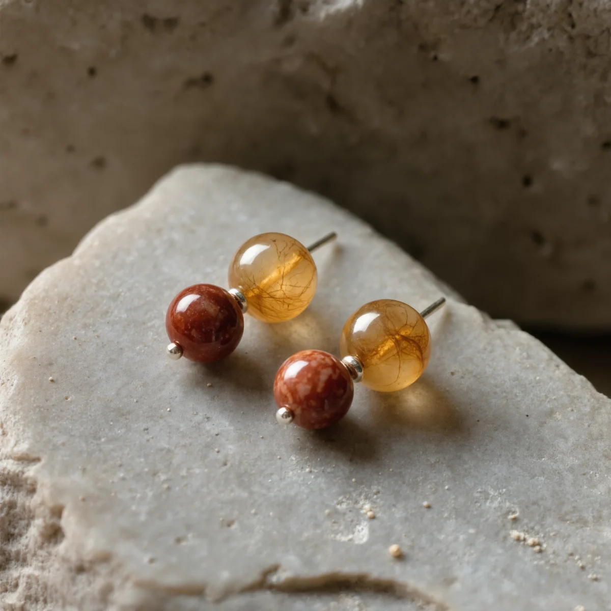 Origin No. 10 — Terrestrial Glow Main Perspective Origin No. 10: Terrestrial Glow hand-knotted earrings featuring Xinjiang Jinsiyu and Sichuan Nanhong on a natural stone altar.