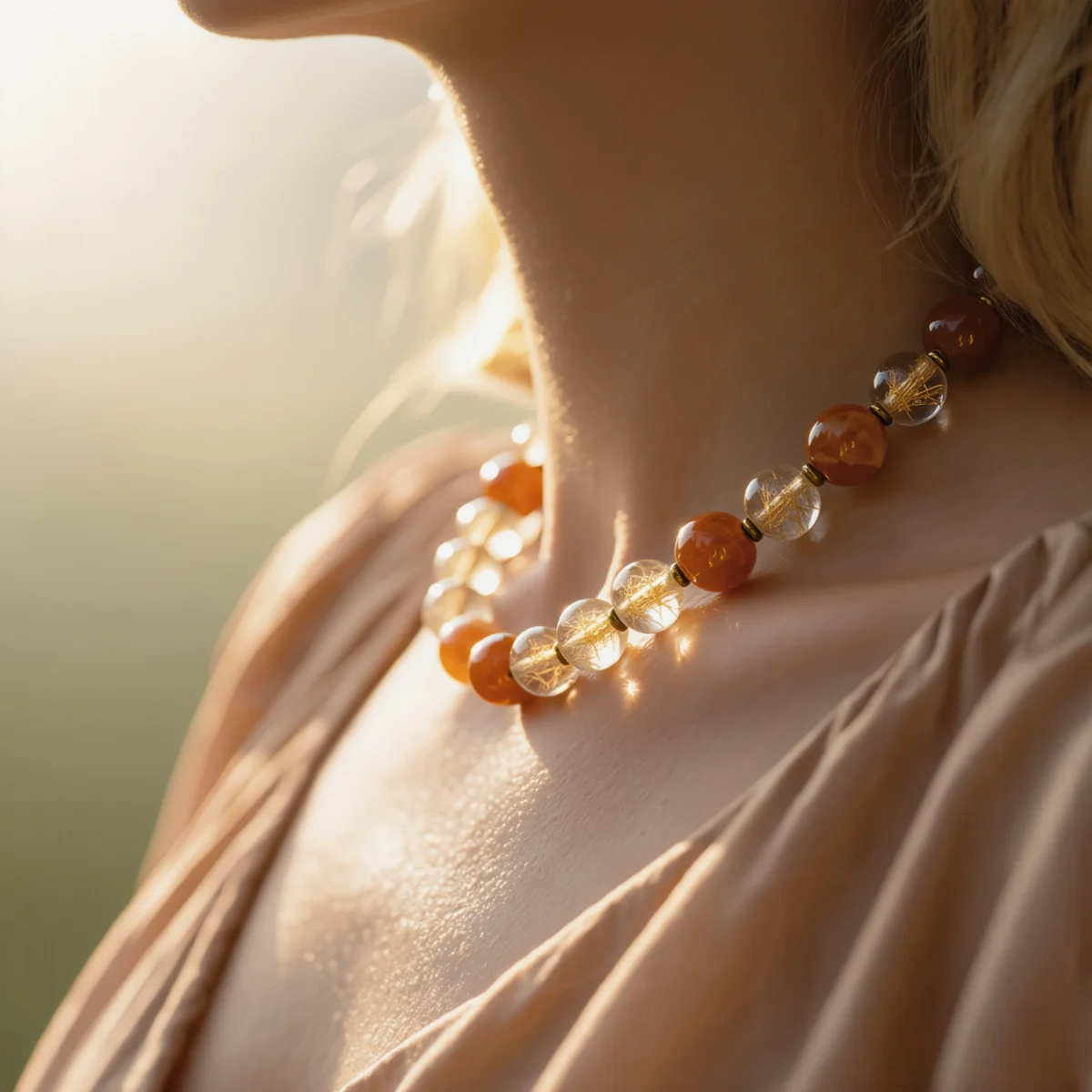 Radiance No. 01 — Lifestyle Radiant Perspective Radiance No. 01: Solar Spark necklace worn by a model, brilliantly illuminated by warm golden hour sunlight.