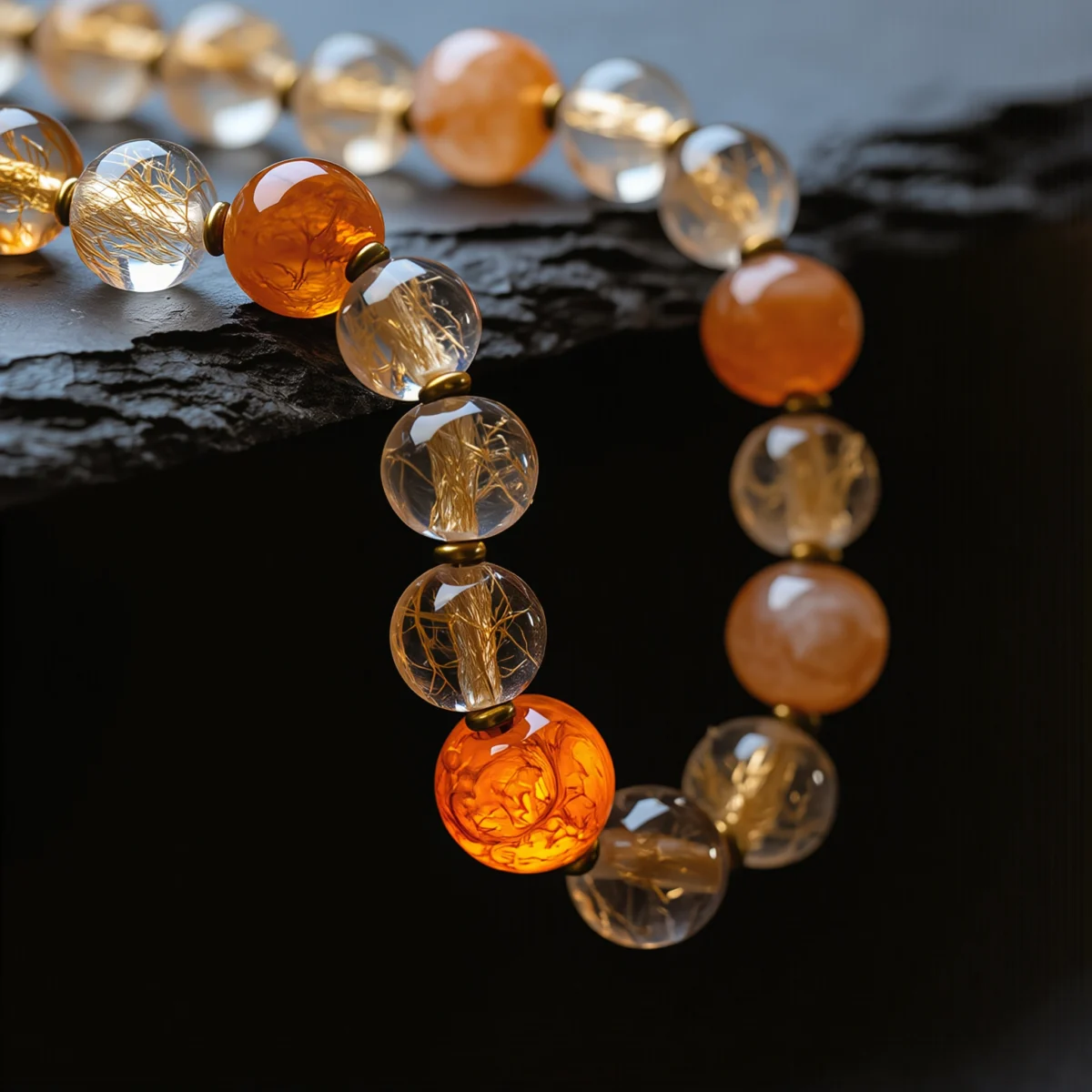 Radiance No. 01 — Material Witness Detail Radiance No. 01 macro detail showing the golden rutile needles in Donghai Quartz and the aventurescent shimmer of Sunstone.