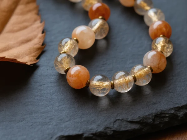 Radiance No. 01 — Solar Spark Main Perspective Radiance No. 01: Solar Spark hand-knotted necklace featuring Donghai Rutilated Quartz and Inner Mongolia Sunstone on slate.