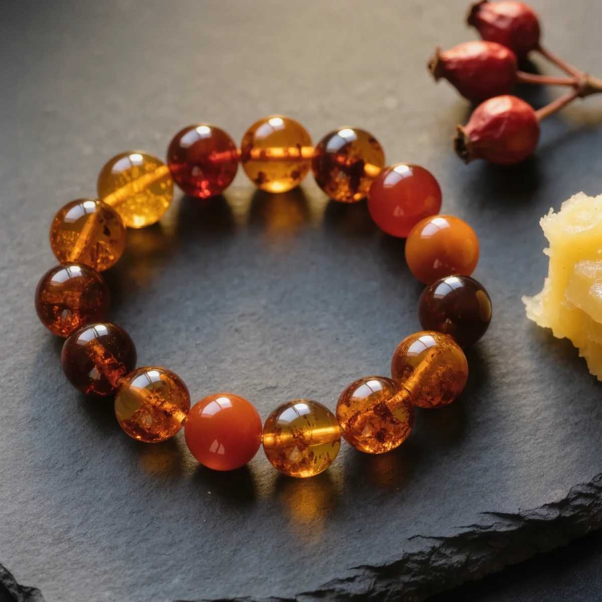 Radiance No. 02 — The Inner Hearth Main Perspective Radiance No. 02: The Inner Hearth hand-knotted bracelet featuring Fushun Amber and Sichuan Nanhong Agate.