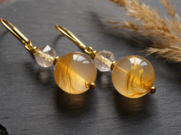 yuano-radiance-no-03-main-golden-ray-earrings Radiance No. 03: Handcrafted Golden Ray Earrings featuring Jinsi Jade and Rutilated Quartz on a dark slate background.