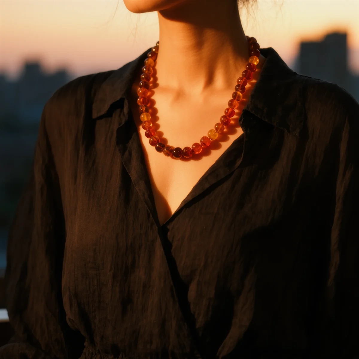 Radiance No. 04 — Lifestyle Observational Stillness Radiance No. 04: Flame Seed necklace worn by a model against a dark garment in a soft sunset glow.