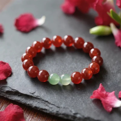 Radiance No. 05 — Vitality Bloom Primary Composition Radiance No. 05: Vitality Bloom hand-knotted bracelet featuring Sichuan Nanhong and Xinjiang Dongling Jade.