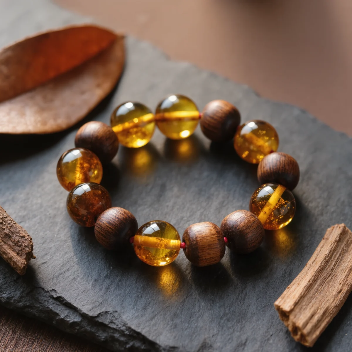 Radiance No. 06 — Amber Glow Primary Composition Radiance No. 06: Amber Glow hand-knotted bracelet featuring Fushun Amber and Hainan Rosewood Tanmu.