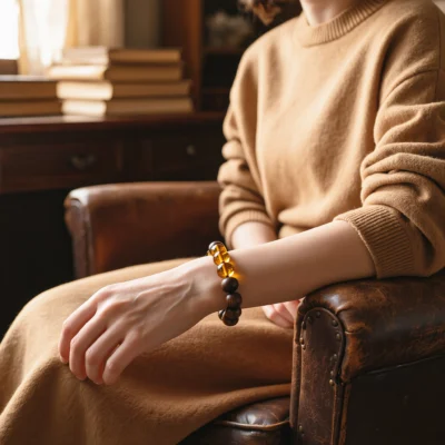 Radiance No. 06 — Lifestyle Observational Stillness Radiance No. 06: Amber Glow bracelet worn on a wrist in a quiet, book-filled sanctuary.