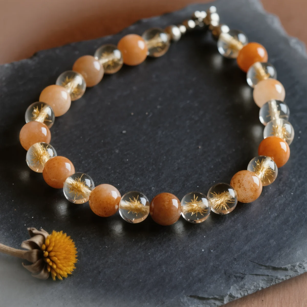 Radiance No. 07 — Eternal Sun Primary Narrative Radiance No. 07: Eternal Sun hand-knotted necklace featuring Inner Mongolia Sunstone and Donghai Rutilated Quartz.