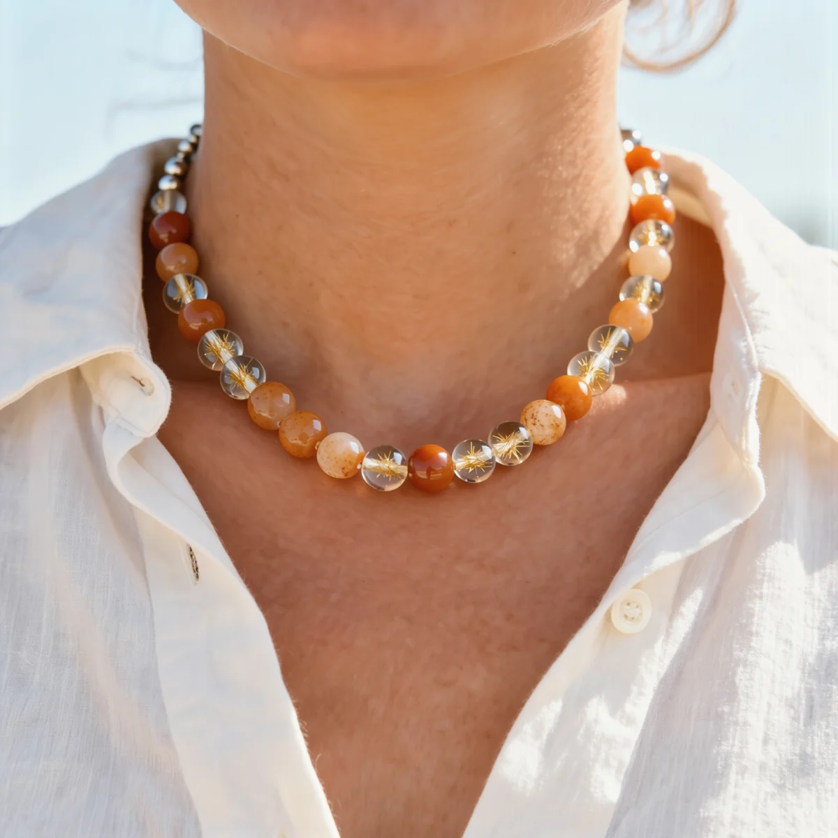 Radiance No. 07 — Lifestyle Observational Solarity Radiance No. 07: Eternal Sun necklace worn by a model against a crisp white linen shirt in bright sunlight.