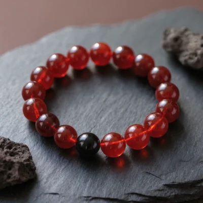 Radiance No. 08 — Molten Core Primary Composition Radiance No. 08: Molten Core hand-knotted bracelet featuring Black Obsidian and Sichuan Nanhong Agate.