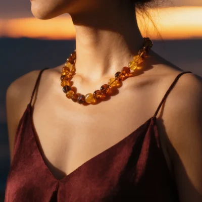 Radiance No. 10 — Lifestyle Observational Sovereignty Radiance No. 10: Phoenix Spirit necklace worn by a model against a dark red velvet garment in a sunset glow.