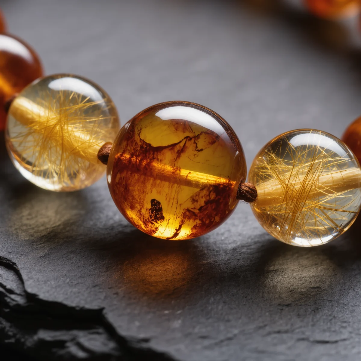 Radiance No. 10 — Mineral Resurrected Heart Detail Radiance No. 10 macro detail revealing the ash-born inclusions in Tengchong Amber and golden quartz filaments.