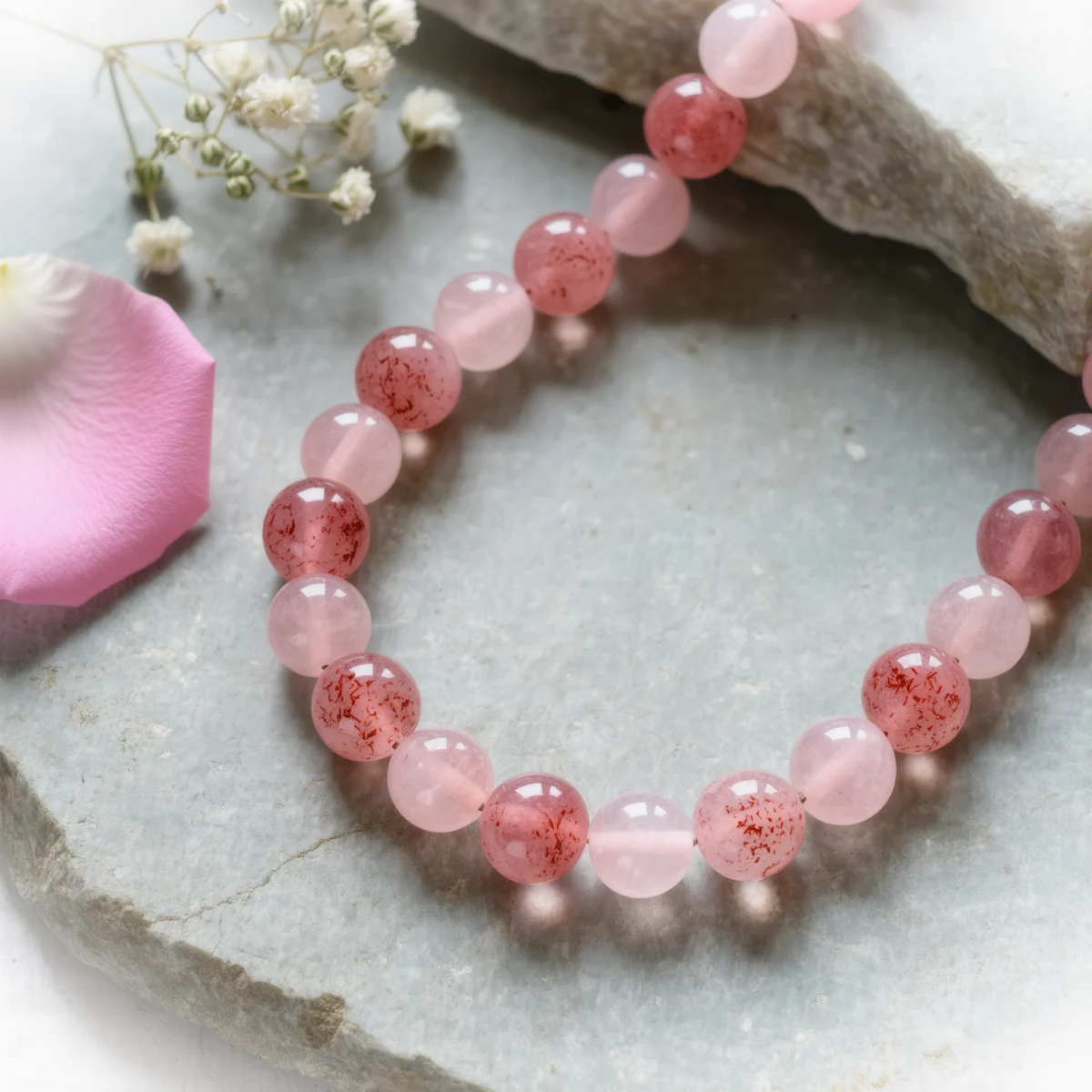 Serenity No. 01 — Heart's Whisper Composition Serenity No. 01: Heart's Whisper hand-knotted necklace featuring Donghai Rose Quartz and Anhui Strawberry Quartz.
