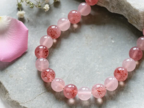 Serenity No. 01 — Heart's Whisper Composition Serenity No. 01: Heart's Whisper hand-knotted necklace featuring Donghai Rose Quartz and Anhui Strawberry Quartz.