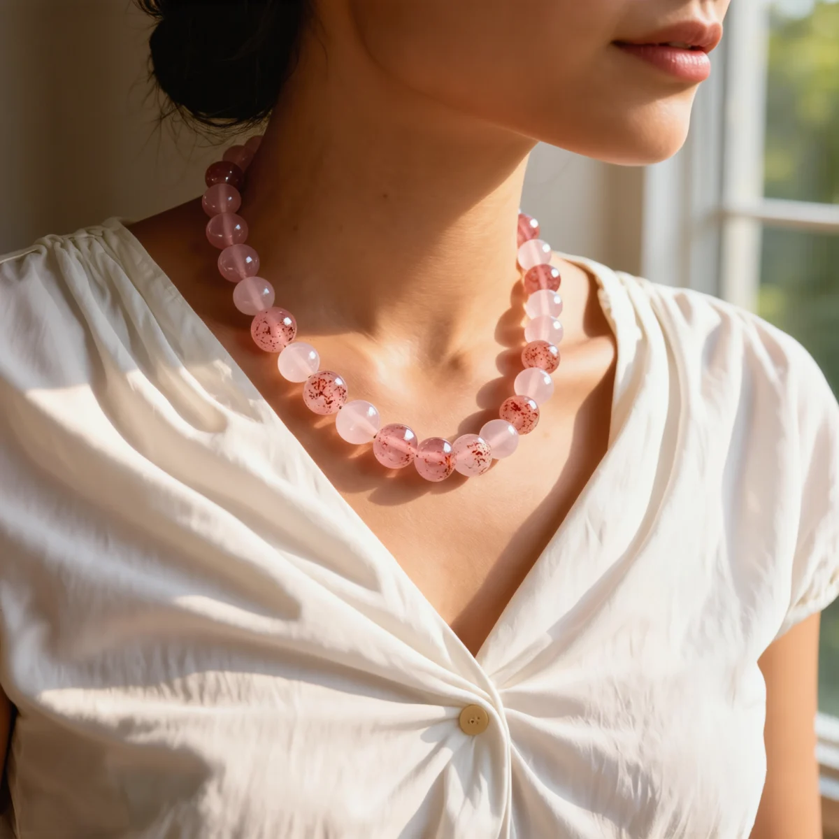 Serenity No. 01 — Lifestyle Observational Softness Serenity No. 01: Heart's Whisper necklace worn by a model against a soft white garment in natural sunlight.